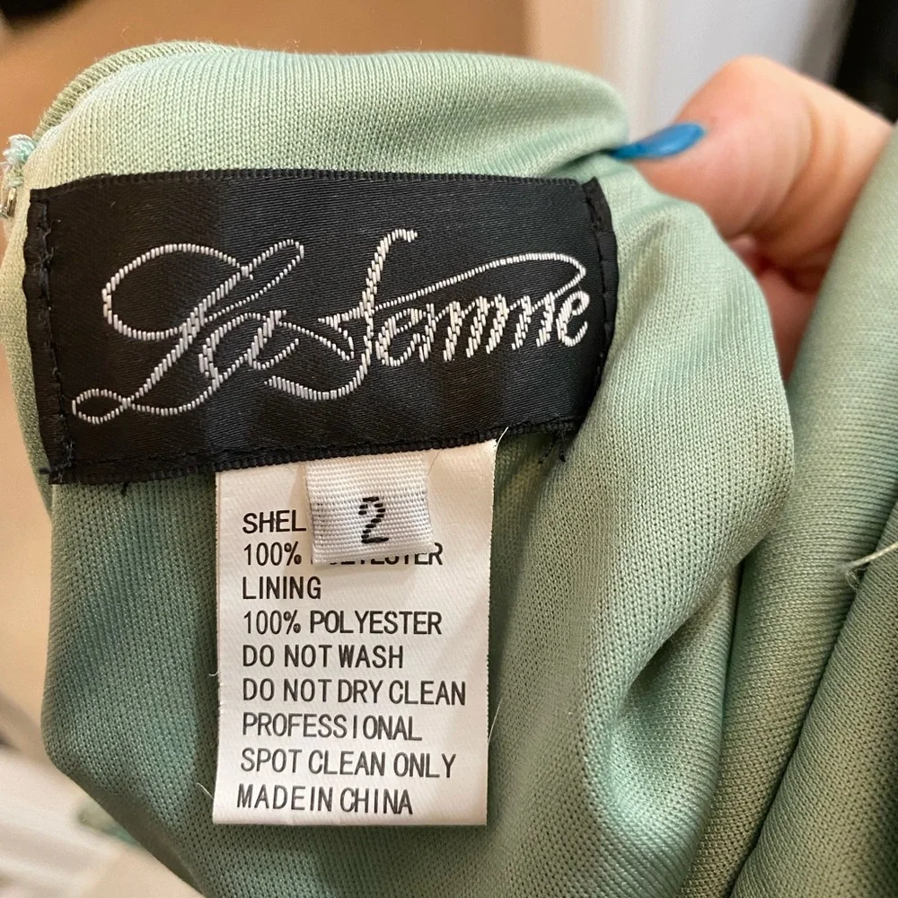 NWT La Femme Glitter Green Sequin Goddess Sexy To the Floor Low Back Gown - Picture 8 of 16